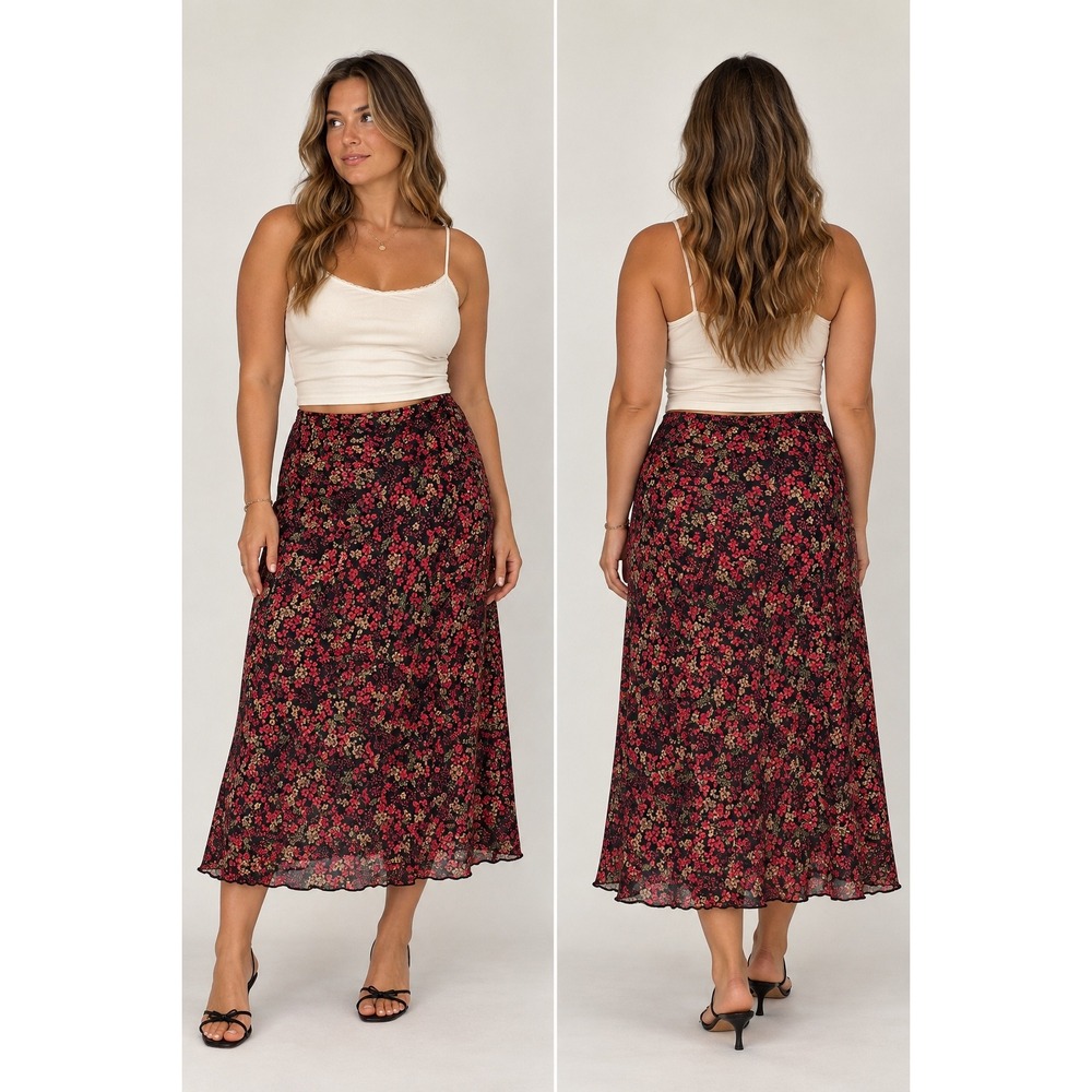 Whimsigoth NOBO Floral Butterfly Midi Skirt Black Pink Y2K Lettuce Edge m